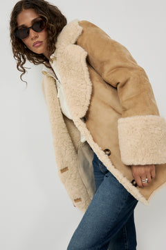 Terry Faux Shearling Short Coat - Sand/Ecru
