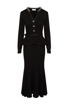 Black Lurex Rib Knit Midi Dress - Black