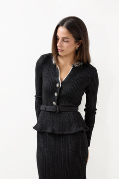 Black Lurex Rib Knit Midi Dress - Black