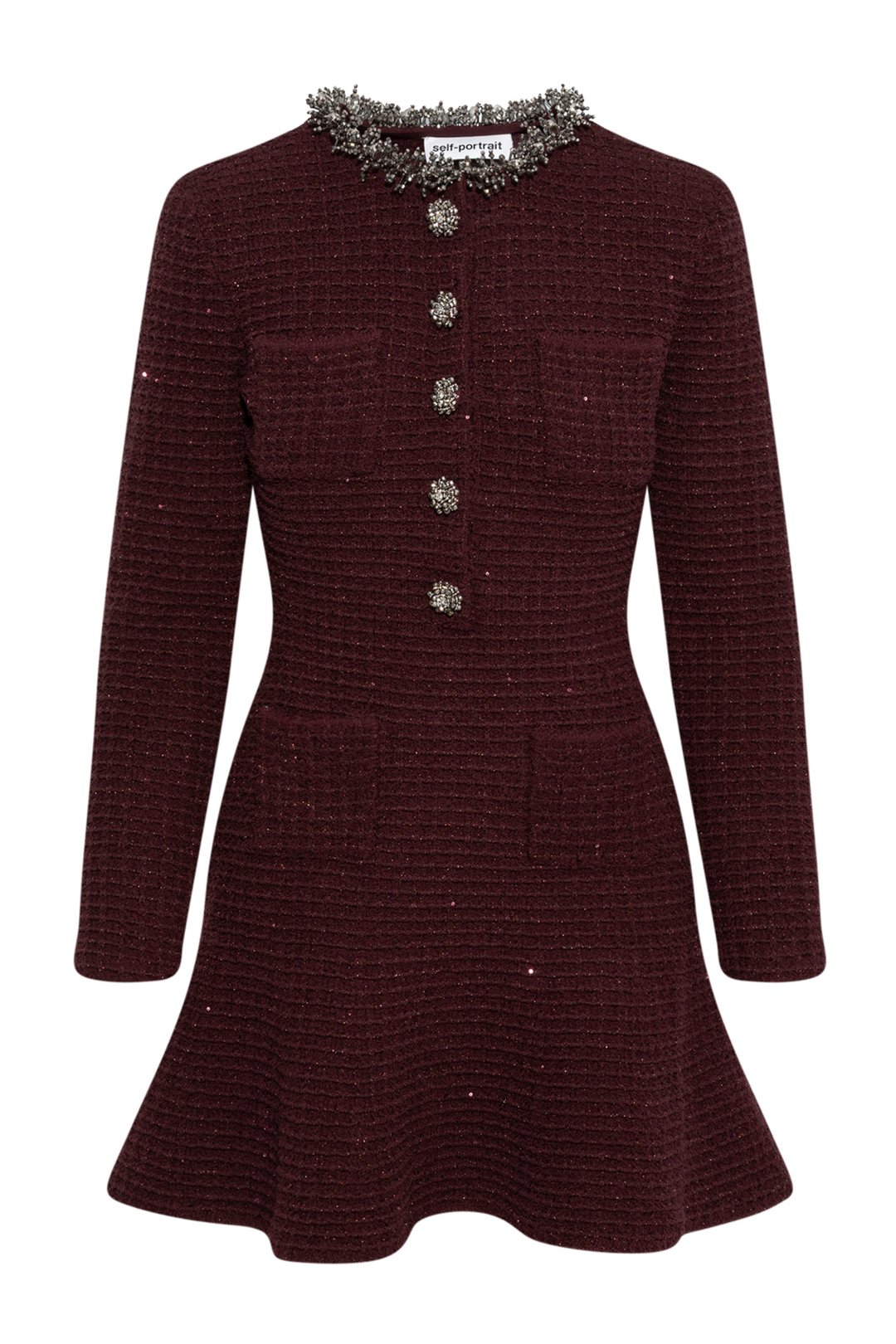 Burgundy Textured Knit Embellished Mini Dress - Burgundy