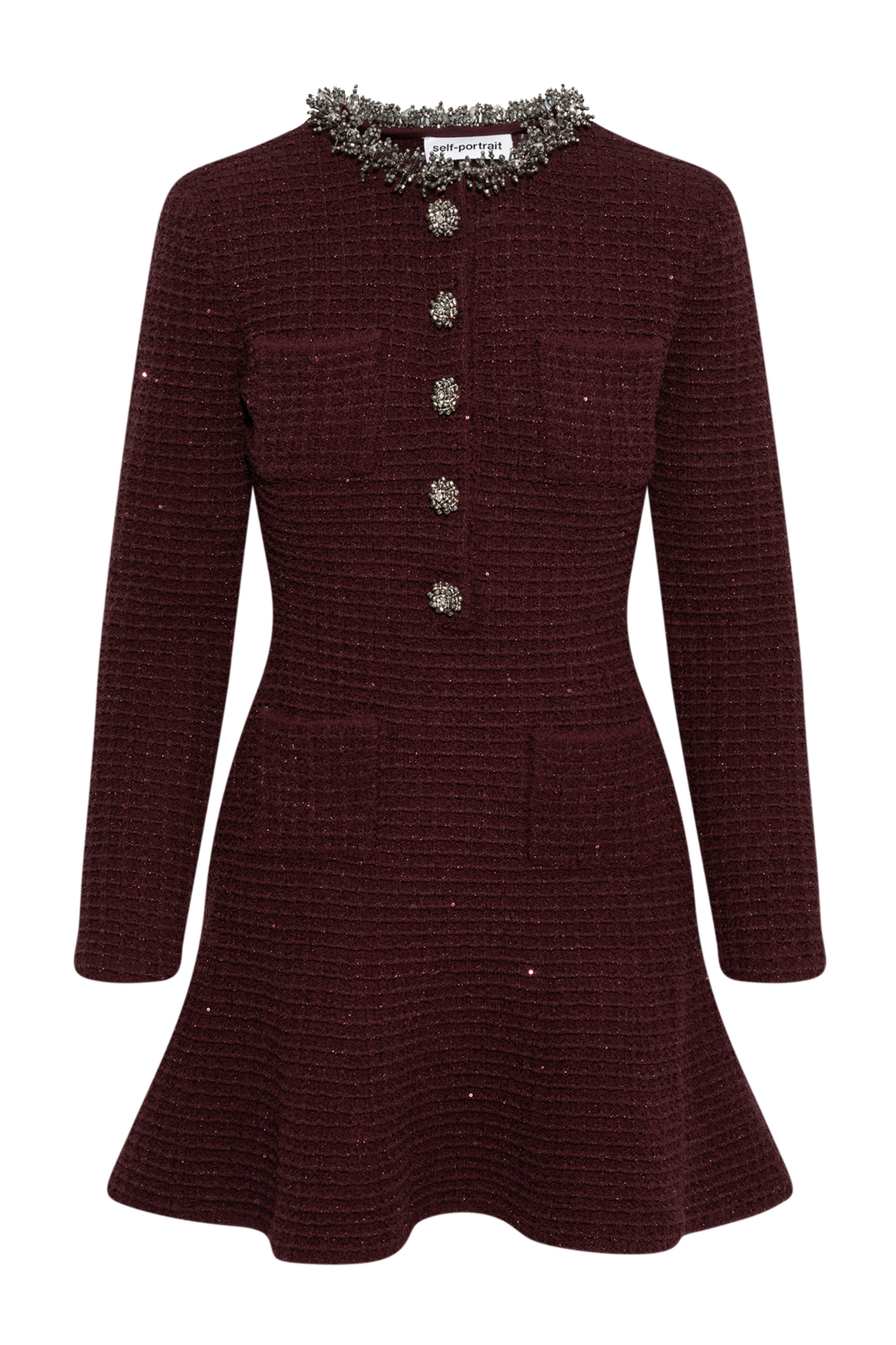 Burgundy Textured Knit Embellished Mini Dress - Burgundy