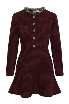 Burgundy Textured Knit Embellished Mini Dress - Burgundy