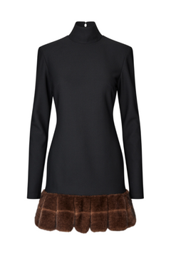 Ls Faux Fur Trim Dress - Black
