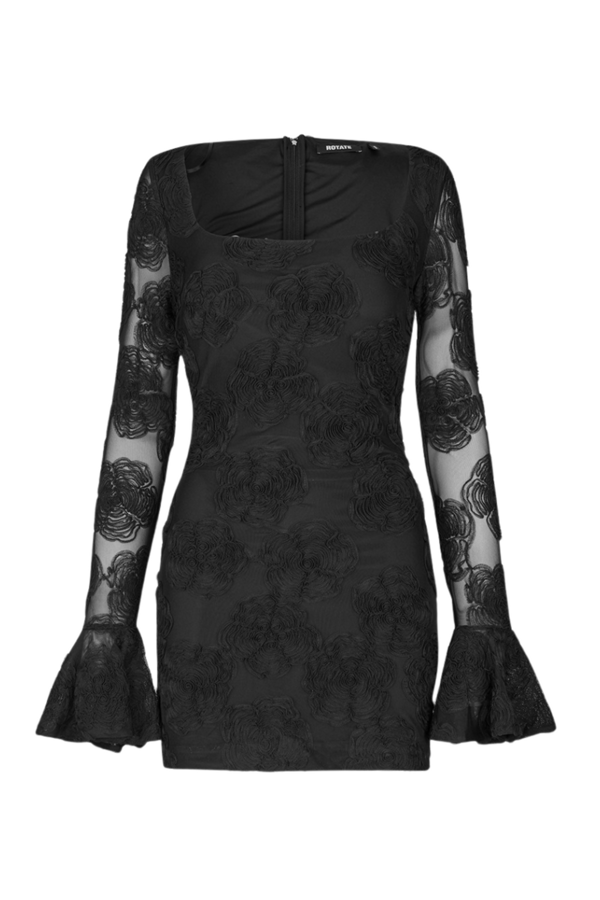 Flower Mesh Ls Mini Dress - Black