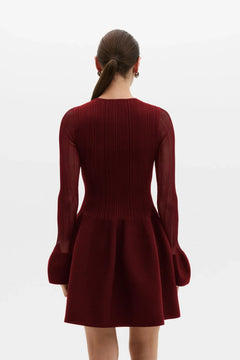 Elona Voluminous Skirt Knitted Mini Dress - Ruby
