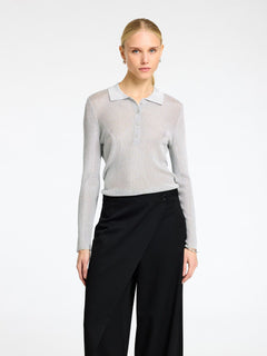 Dagni Ls Knit Polo Neck - Silver Metallic