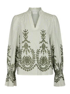 Amara Stripe Emb Blouse - Dusty Green