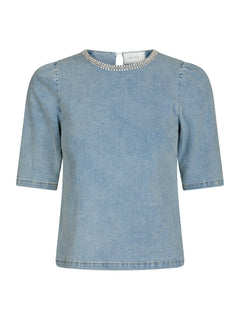 Rosia Denim Emb Top - Light Blue