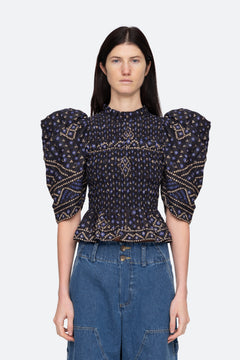 Delphine Pucker Cotton Puff Slv Smocked Top - Blue