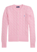 Cable-Knit Cotton Crewneck Cardigan - Carmel Pink