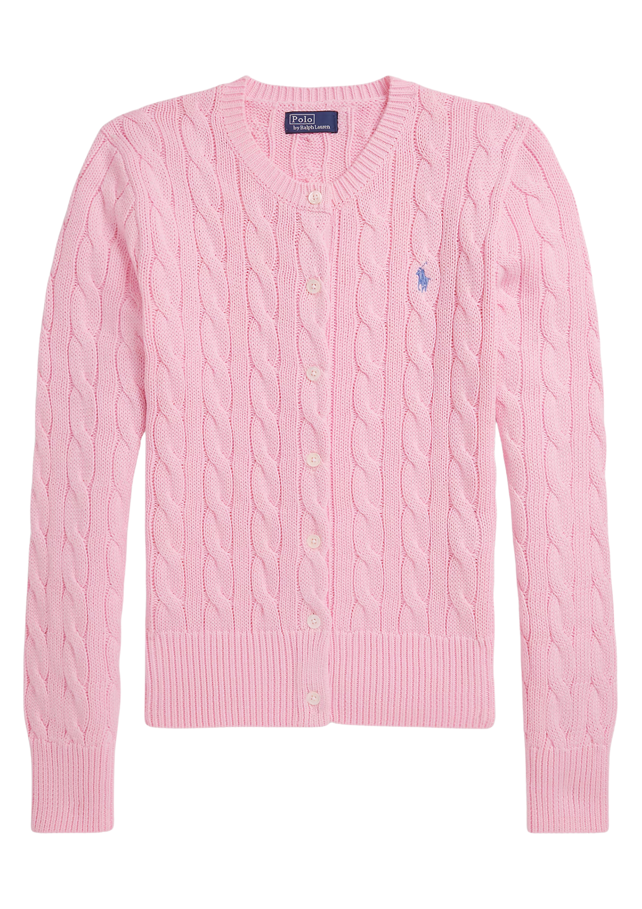 Cable-Knit Cotton Crewneck Cardigan - Carmel Pink