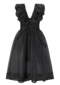 Flocked Organza Long Ruched Dress - Black