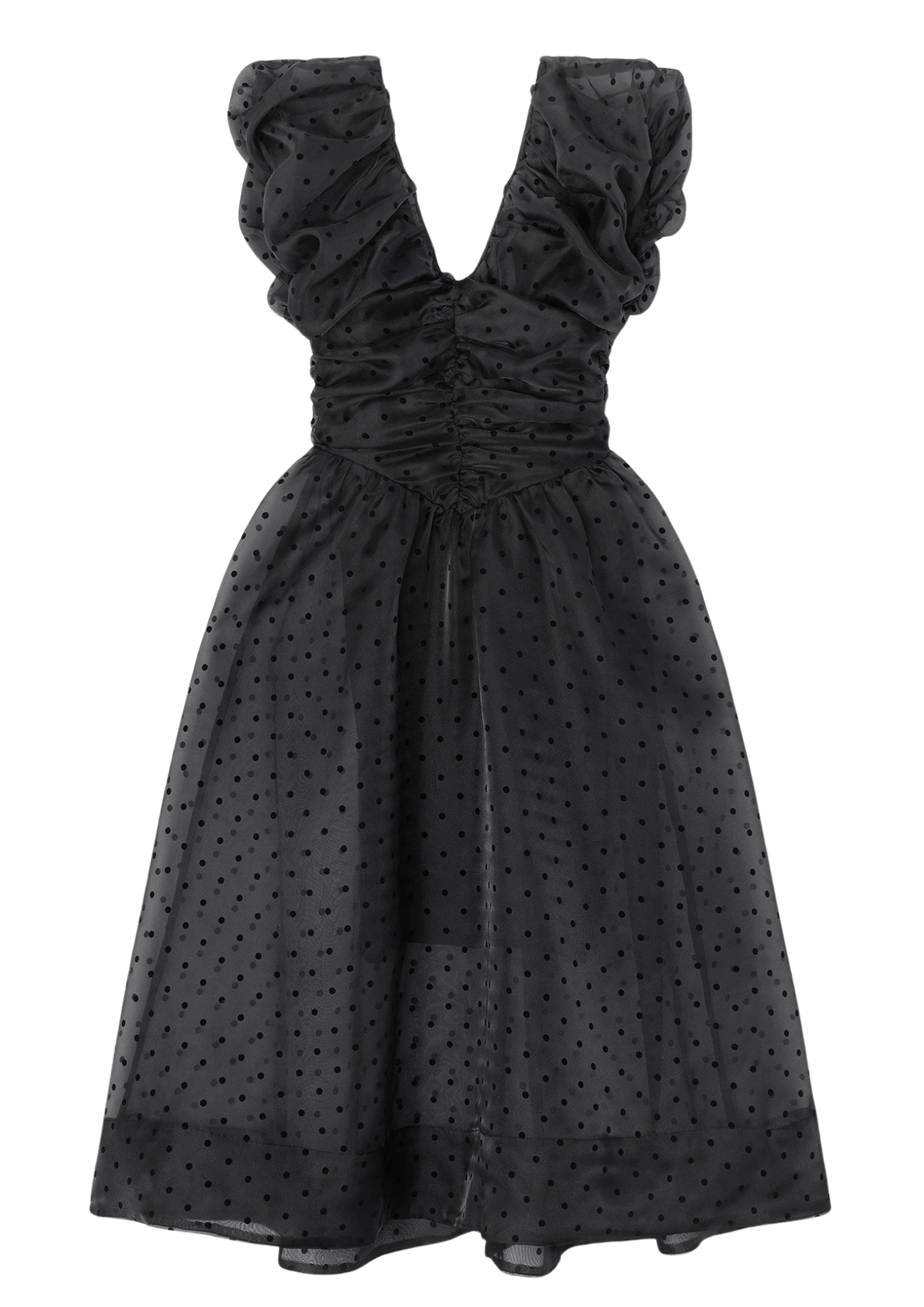 Flocked Organza Long Ruched Dress - Black