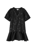 Satin Cloque Mini V-Neck Dress - Black