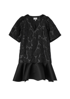Satin Cloque Mini V-Neck Dress - Black