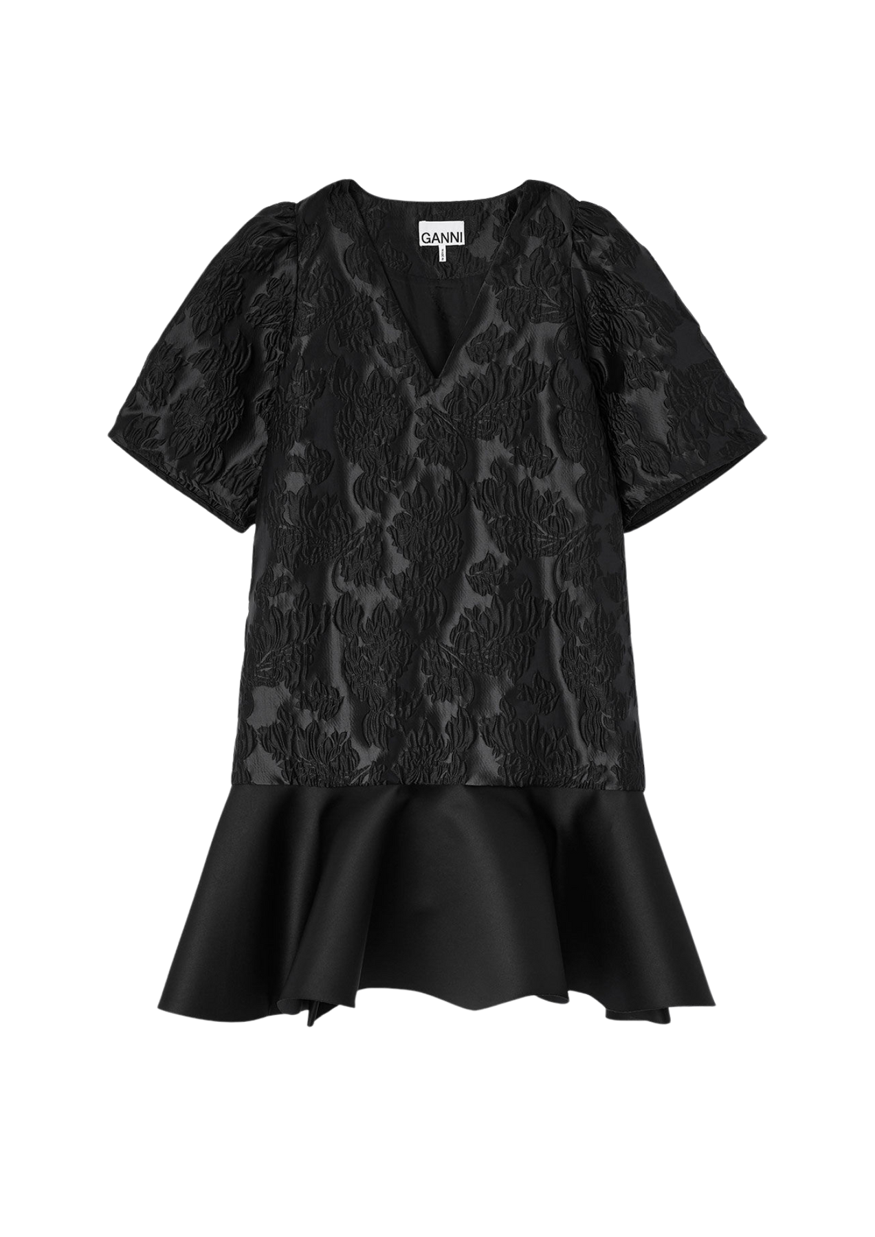 Satin Cloque Mini V-Neck Dress - Black