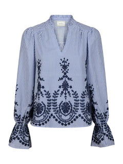 Amara Stripe Emb Blouse - Blue