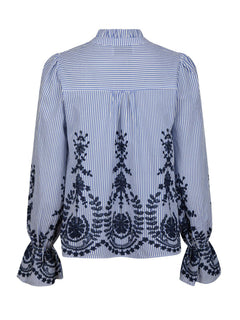Amara Stripe Emb Blouse - Blue