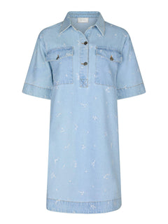 Saras Denim Emb Dress - Light Blue
