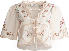 Edwina Embroidery S/Slv Tie Front Top - White