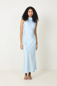 Lola Satin Halter Maxi Dress - Light Blue