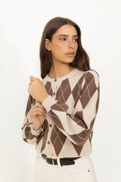 Anni Argyle Knit Cardigan - Brown