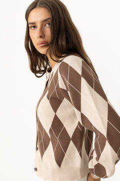 Anni Argyle Knit Cardigan - Brown