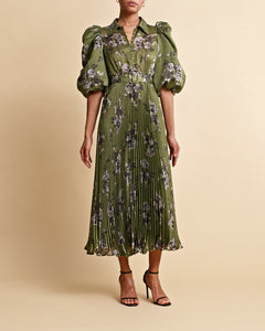 Plissé Maxi Dress - Green Roses