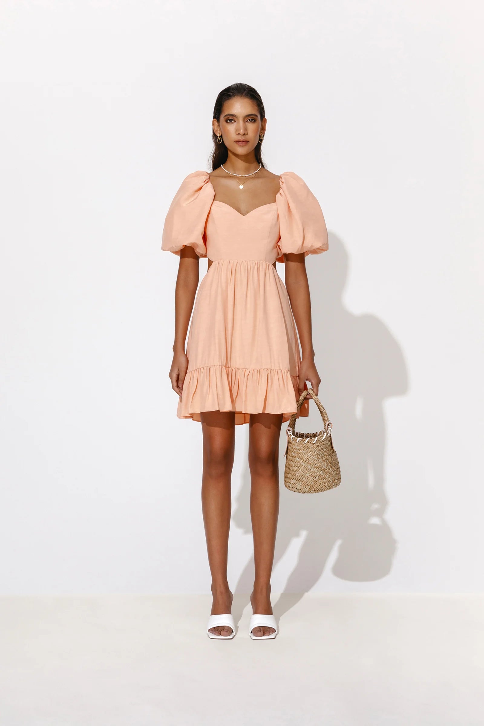 Louisa Pouf Sleeve Cut Out Mini Dress - Apricot