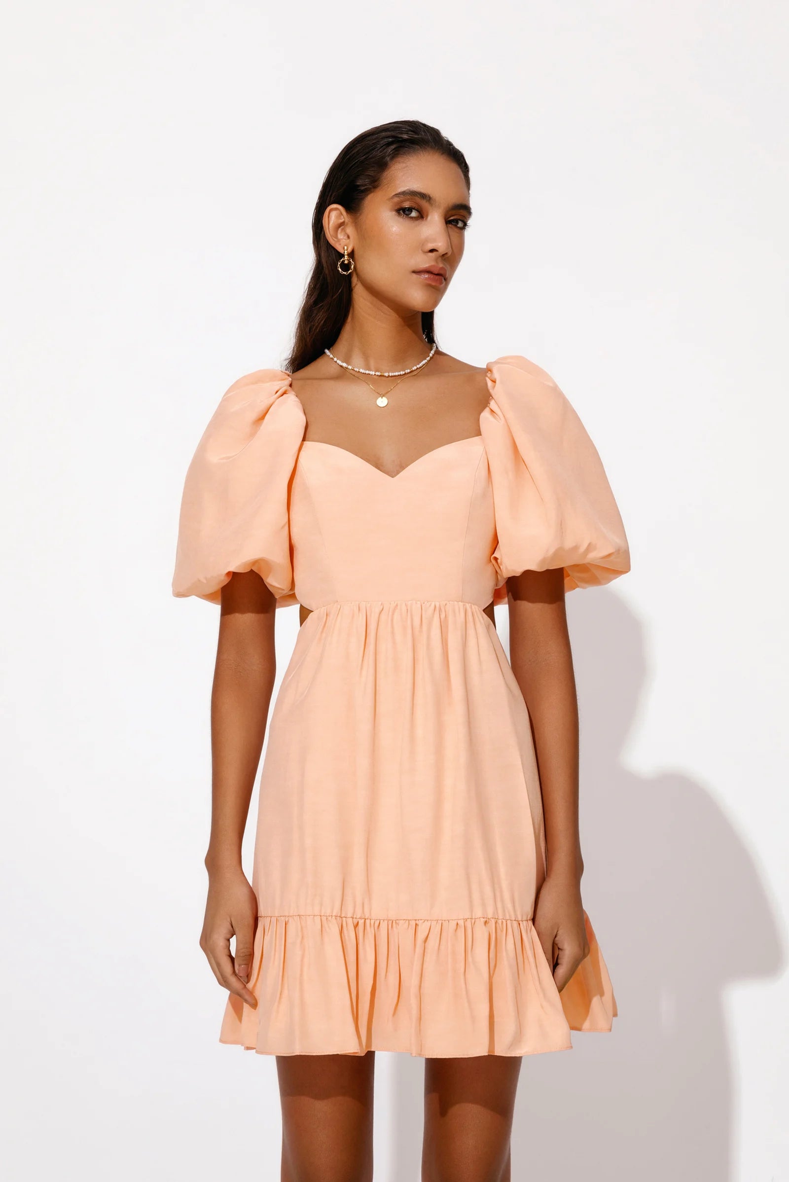 Louisa Pouf Sleeve Cut Out Mini Dress - Apricot