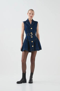 Elena Belted Denim Mini Dress - Dark Classic Wash