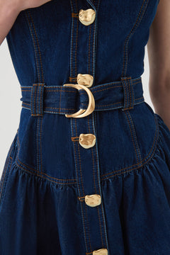 Elena Belted Denim Mini Dress - Dark Classic Wash
