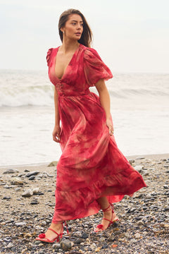 Nordalill Chiffon Maxi Dress - Coral Red