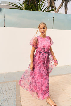 Elsa Flower Organza Maxi Dress - Pink