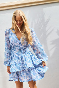 Jade Wave Chiffon Dot Dress - Blue