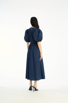 Puff Sleeve Midi Dress - Navy Blazer