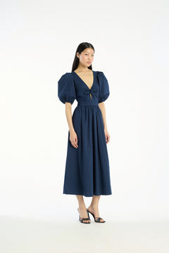 Puff Sleeve Midi Dress - Navy Blazer