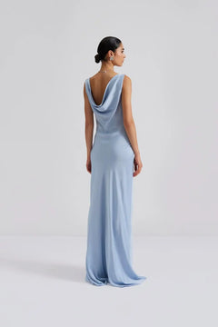 Leah Cowl Satin Maxi Dress - Dusty Blue