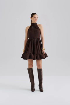 Fern Halterneck Ruffled Mini Dress - Chocolate