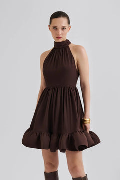 Fern Halterneck Ruffled Mini Dress - Chocolate