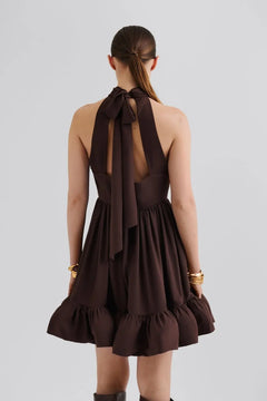 Fern Halterneck Ruffled Mini Dress - Chocolate