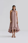 Sabrina Halterneck Ruffled Maxi Dress - Taupe