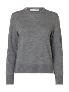 Thea Ls Knit Merino O-Neck - Medium Grey Melange