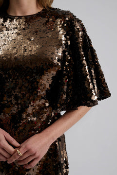 Yvette Wide Sleeve Sequin Mini Dress - Chocolate