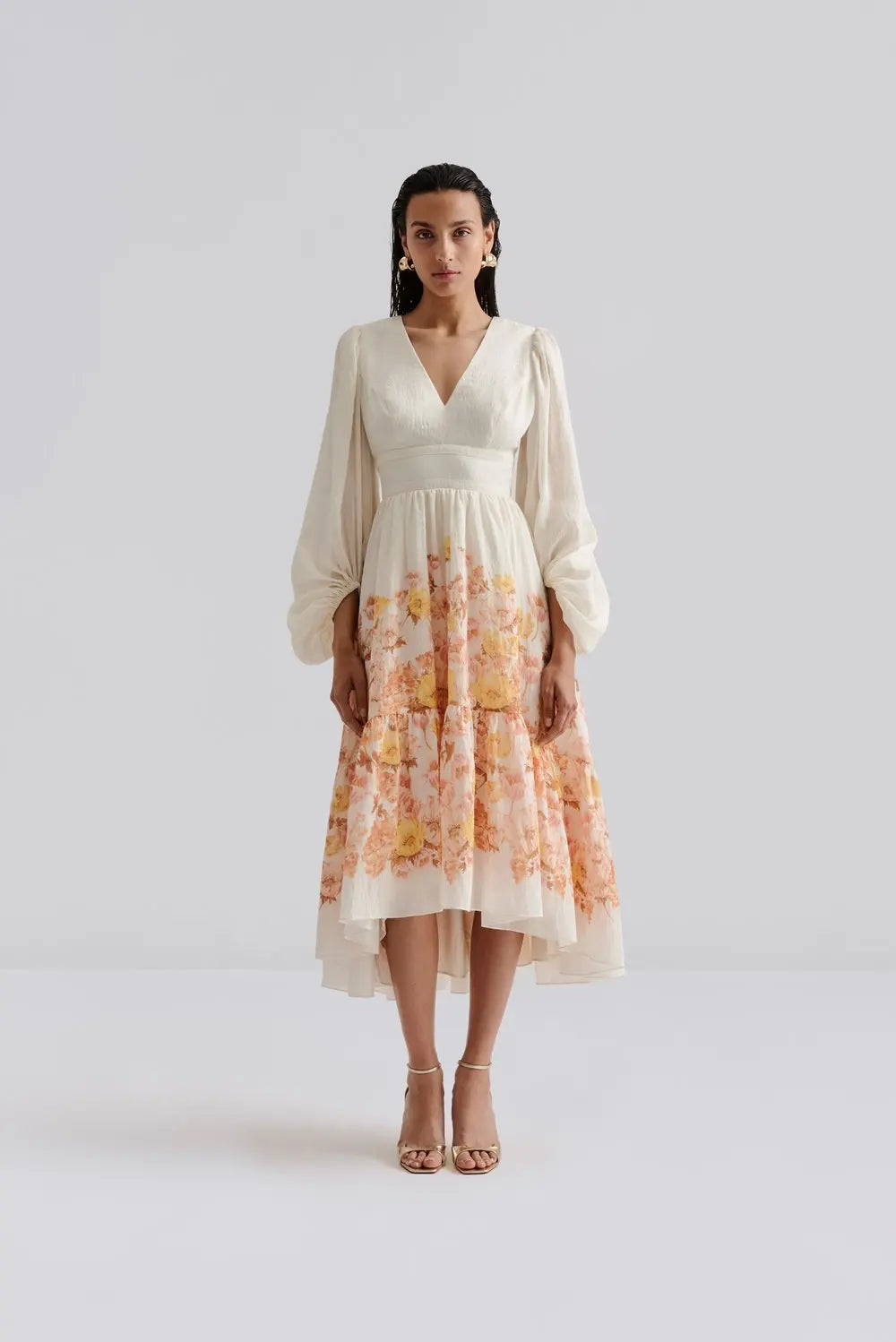 Sasia Deep V Neck Midi Dress - Cream Peony
