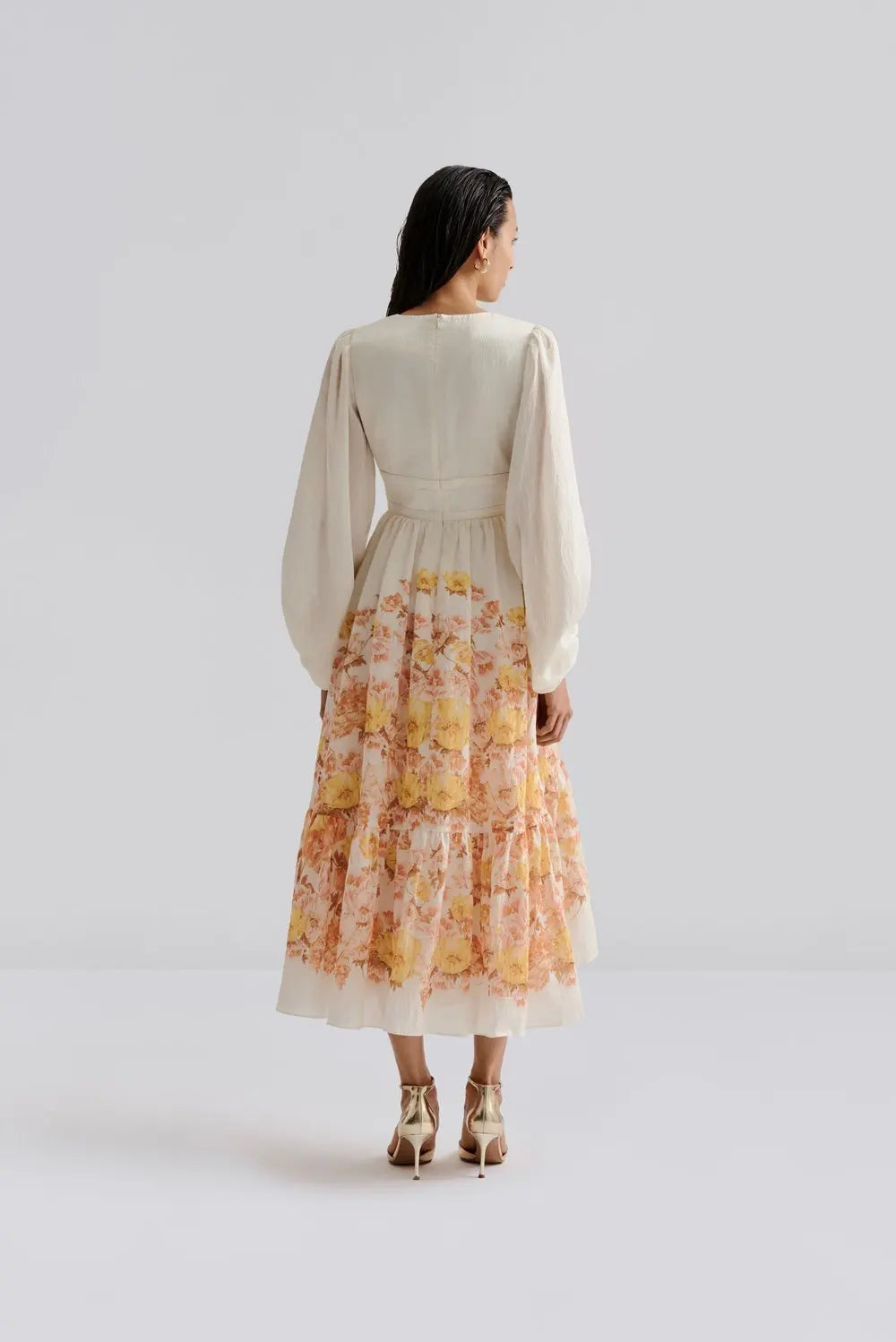 Sasia Deep V Neck Midi Dress - Cream Peony