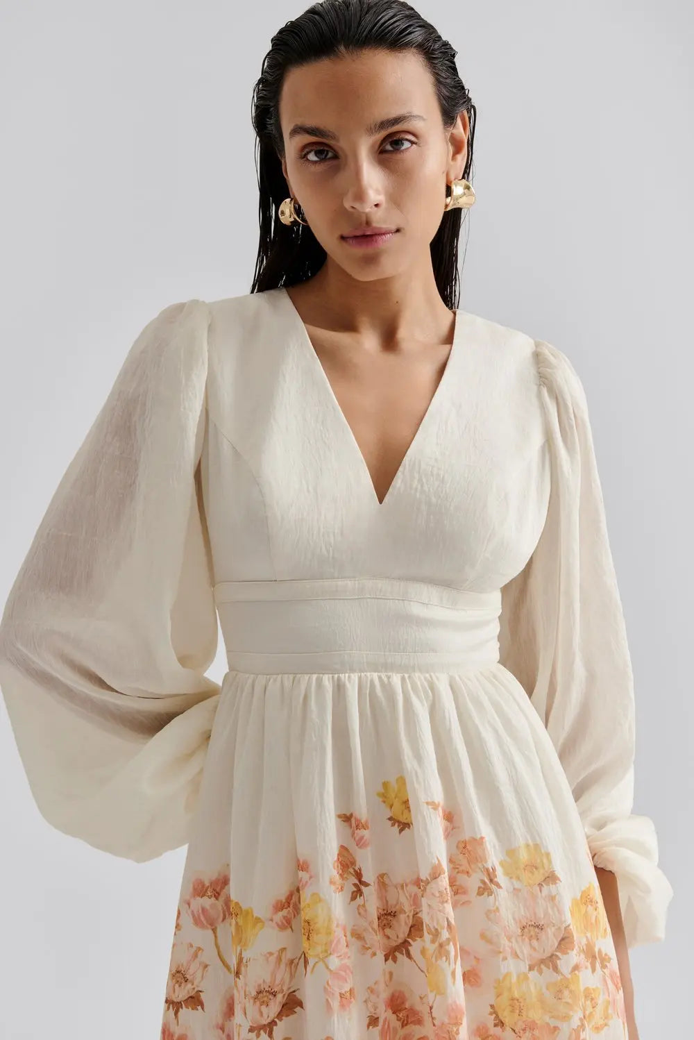Sasia Deep V Neck Midi Dress - Cream Peony