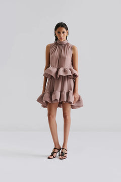 Lune Halterneck Frilled Hem Blouse - Taupe