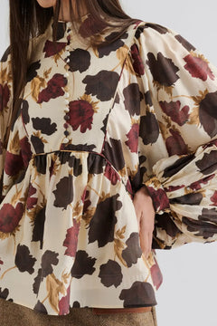 Pernilla High Neck Balloon Sleeve Blouse - Wine Peony