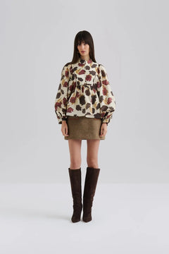 Pernilla High Neck Balloon Sleeve Blouse - Wine Peony